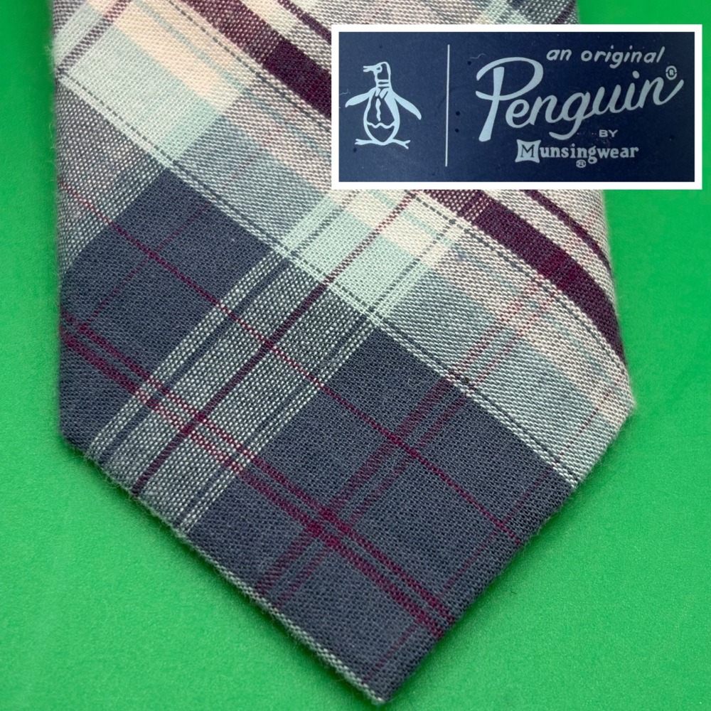 Original Penguin 100% Cotton Plaid Necktie Mens Slim Skinny Blue/Purple Tie NWT